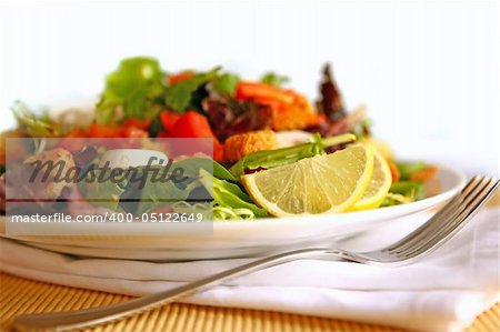 Healthy Salad on a Plate With Focus on Lemon