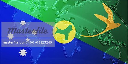 Flag of Christmas Islands, national symbol illustration clipart with world map, metallic embossed look