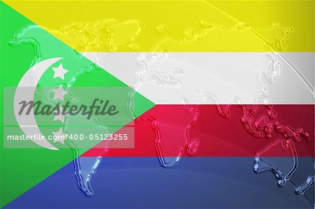 Flag of Comoros , national country symbol illustration with world map, metallic embossed look