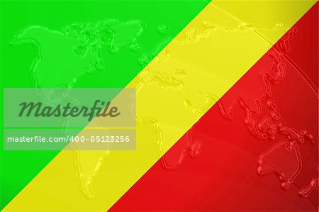 Flag of Congo, national country symbol illustration with world map, metallic embossed look