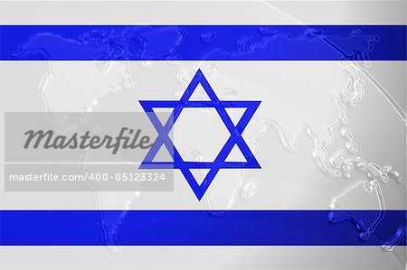 Flag of Israel, national country symbol illustration with world map, metallic embossed look