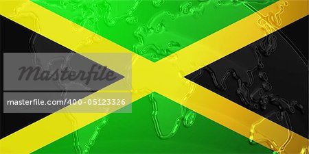 Flag of Jamaica, national country symbol illustration with world map, metallic embossed look