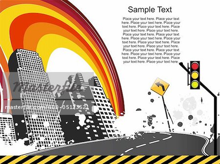 road background with building and rainbow vector