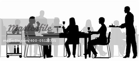 Editable vector silhouette of people eating in a restaurant with all figures as separate objects