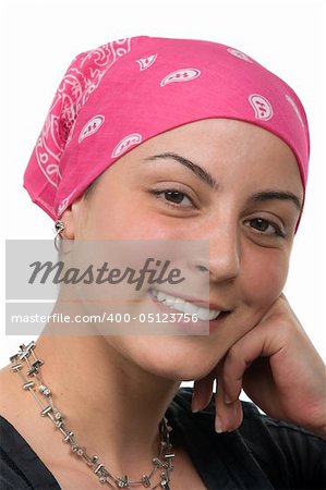 Beautiful breast cancer survivor with bandanna ( 2 months after chemo)