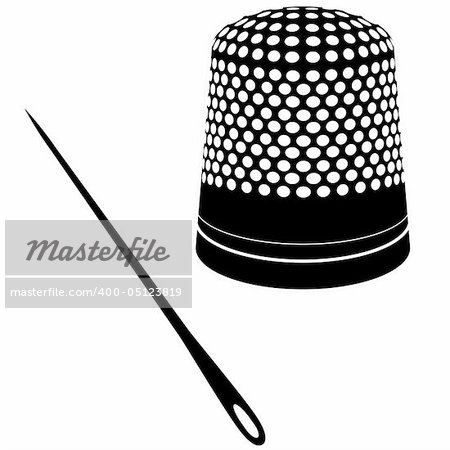 Detailed vector illustration of thimble and needle silhouettes.