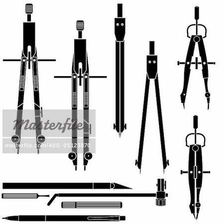 Detailed vector illustration of engineering and drafting tools including compass, calipers, divider, and mechanical pencil.