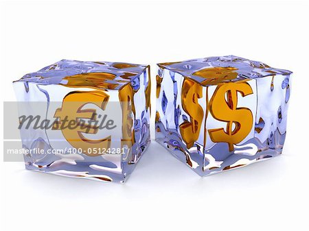 abstract 3d illustration of ice cubes with money signs inside