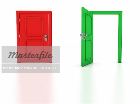 3D render of two doors on white background. Concept: Choice, Exit.