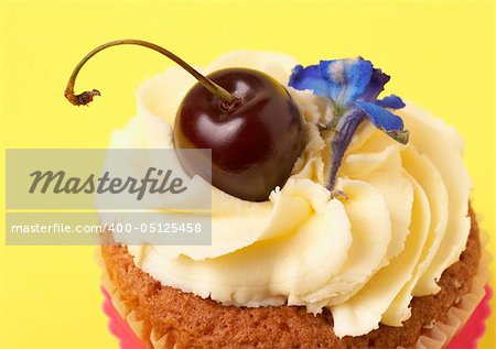 Miniature vanilla cupcake with icing, fresh cherry and blue flower on yellow background