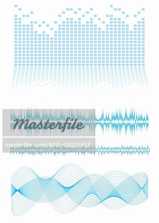 Music inspired background in blue with sound waves and equalizer graph