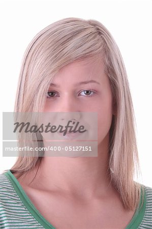 Teen blonde girl (student) portrait isolated on white background