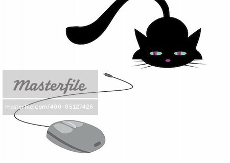 Cat is hunting for computer mouse. Vector illustration.