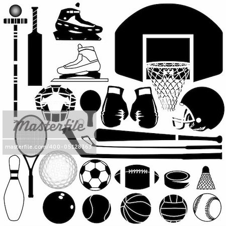 Sports equipment and balls in detailed vector silhouette