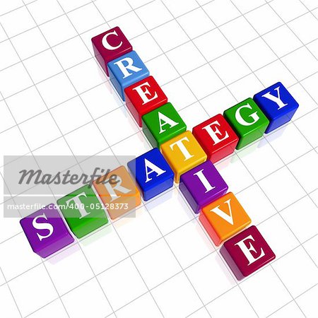 3d colour cubes with white letters like crossword with text - creative strategy