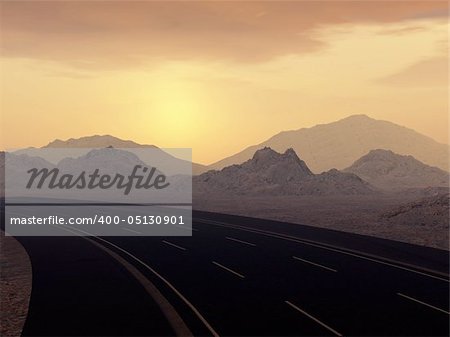 road and yellow sunset. Picturesque rocks, the sunset sky