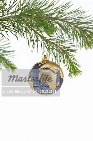Blue and Gold Globe Christmas Ornament showing Europe and Africa
