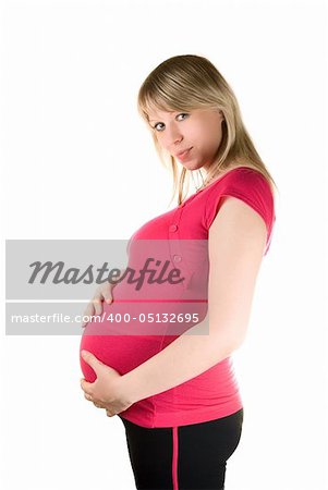 Happy pregnant woman isolated on white background