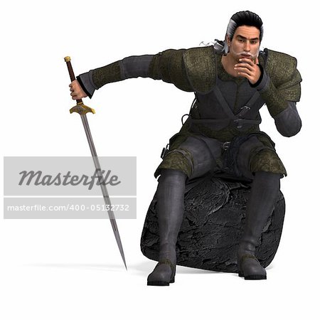 Rendering of a male fantasy hero with sword and Clipping Path over white