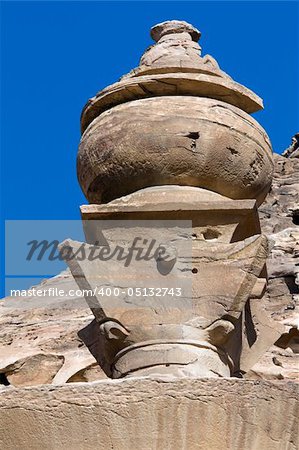Petra - Nabataeans capital city (Al Khazneh) , Jordan. Monastery tomb urn detail shot with extreme tele lens with extender. Roman Empire period.