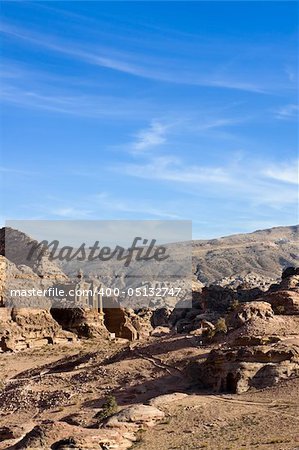 Petra - Nabataeans capital city (Al Khazneh) , Jordan. Monastery tomb panorama with surroundings. Roman Empire period.