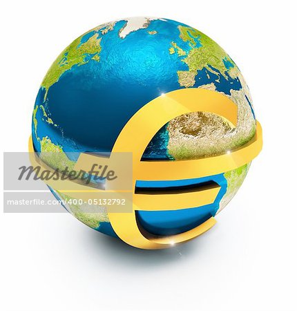 3d rendered image, metallic globe with gold euro sign twisted around it