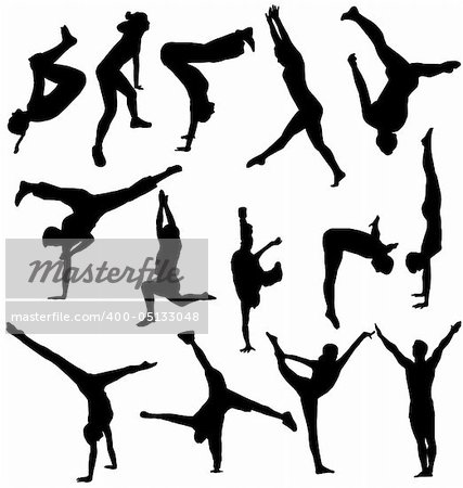 many acrobats in different poses with high detail