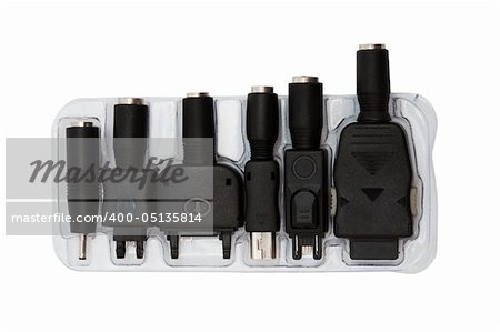 Adapters for a mobile phone on a white background