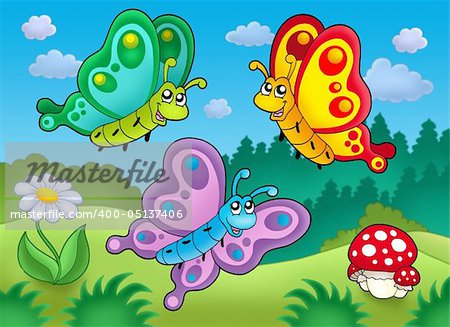 Three cute butterflies on meadow - color illustration.