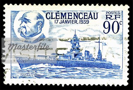 vintage french Stamp depicting the battleship Clemenceau launched 17th January 1939