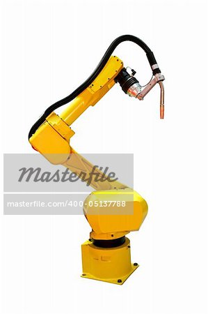 Yellow automatic robot welder for metal industry