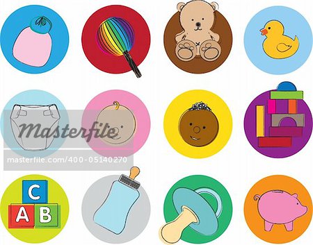 set of icon illustrations of baby items and toys