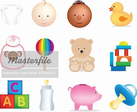 set of illustrations of baby objects and toys