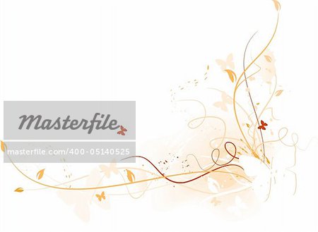 Abstract grunge background with floral elements and butterflies and space for your text in warm reds and oranges.