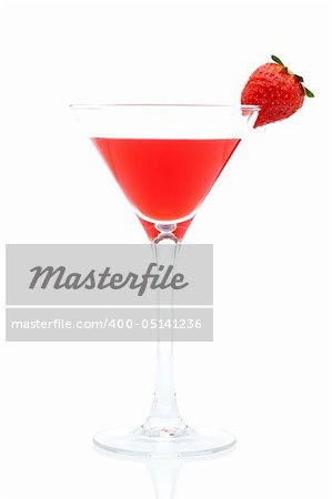 A glass of fresh strawberry cocktail reflected on white background