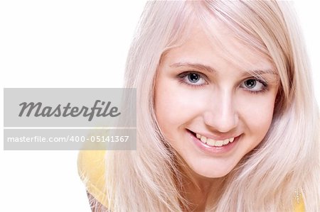 beautiful women in a yellow shirt on a white background isolated