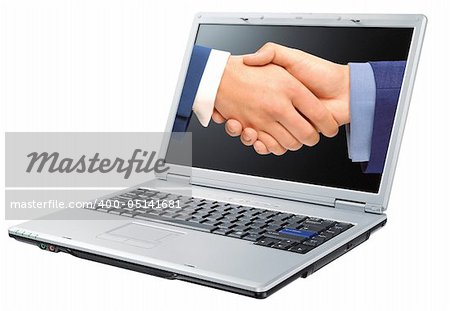 Handshaking in laptop screen.