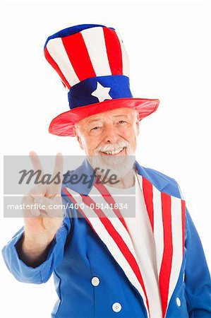 American icon Uncle Sam giving the peace sign.  Isolated.