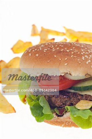 hamburger and french fries isolated on white