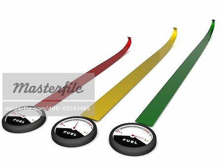 three dimensional view of rendered fuel meters with colorful strips