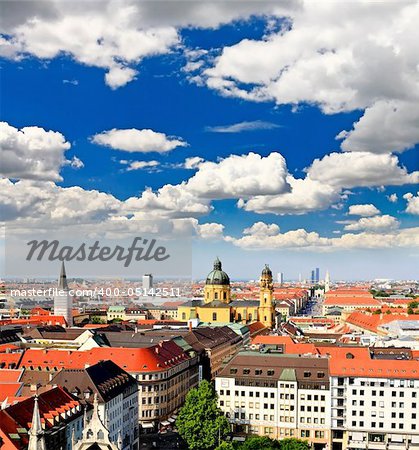 The aerial view of Munich city center from the tower of the Peterskirche