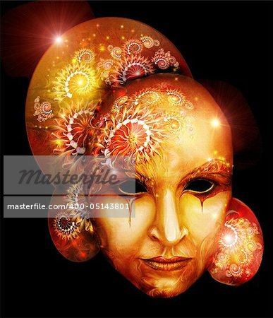 A picture is a gold venetian mask with a sun pattern on a black background