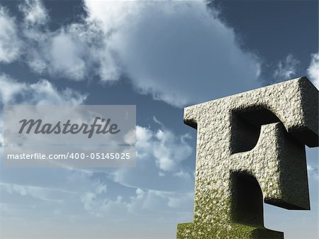 letter f rock in front of blue sky - 3d illustration