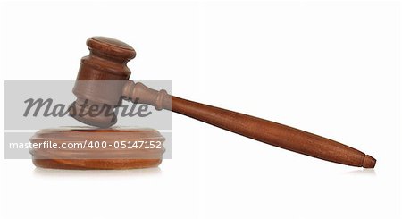 wooden gavel against white, small reflection in front