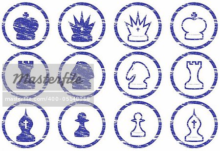 Chess icons set. Grunge. White - dark blue palette. Vector illustration.