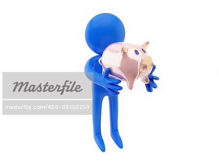 3d render of person with pig. Isolated on white background.