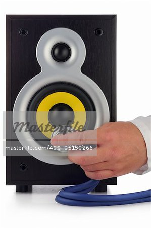 male hand, phonendoscope  and loud speaker on white