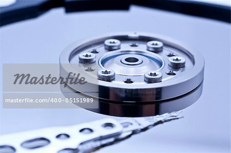 Closeup and macro view of hard drive inside