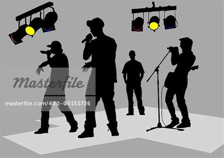 Vector drawing of musicians on stage. Black silhouettes