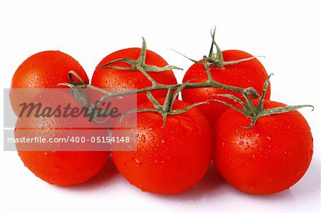Ripe cherry tomatoes on vine isolated on white background